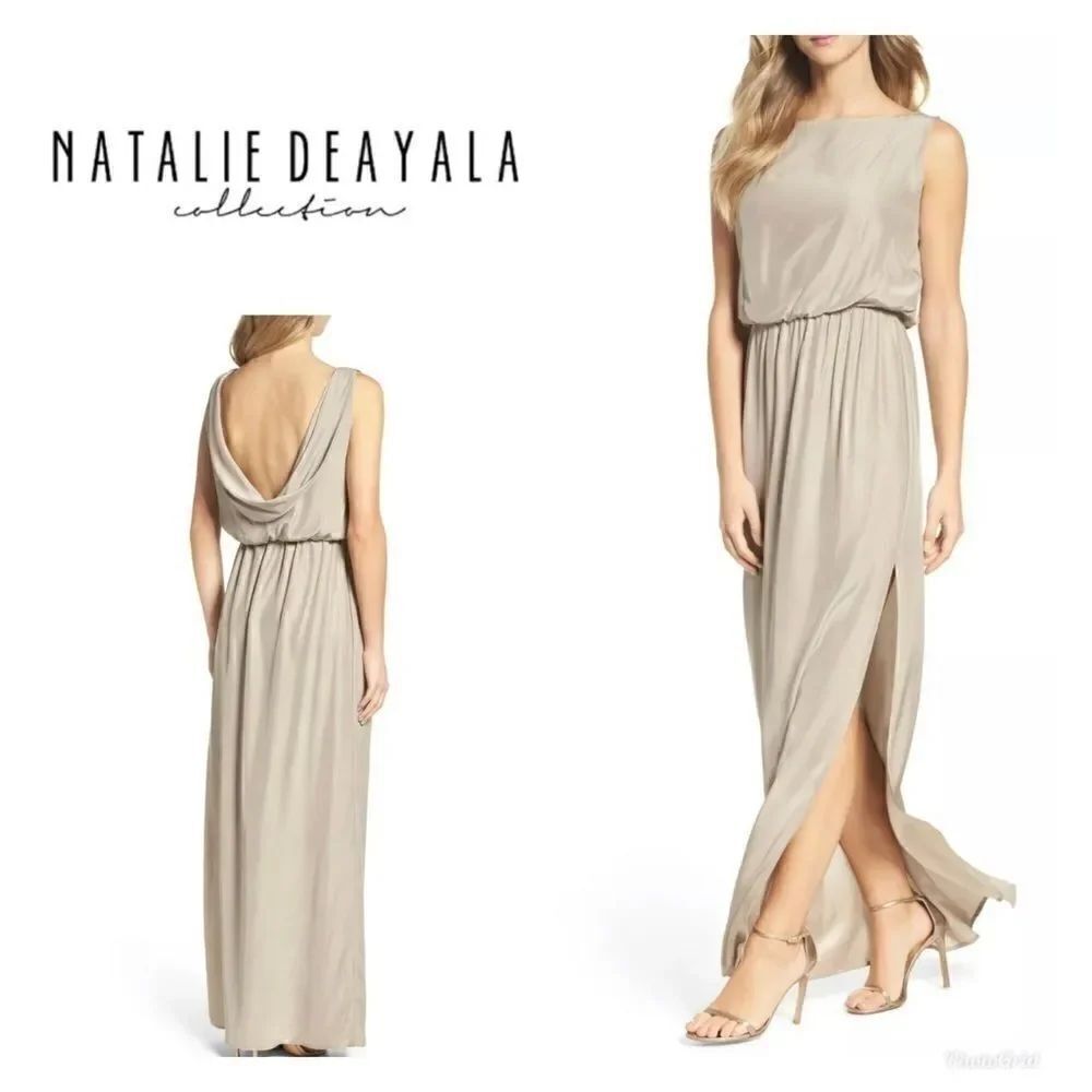 Natalie Deayala drape back silk column dress. NWT